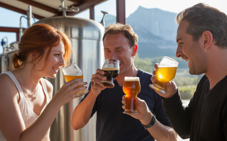 Quatre amis trinquent avec des verres de bière, souriant, dans une brasserie avec des montagnes en arrière-plan.