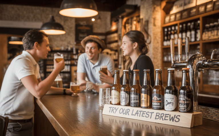 Trois jeunes adultes discutent joyeusement au bar, entourés de bouteilles de bière, avec un panneau "TRY OUR LATEST BREWS" en avant-plan.