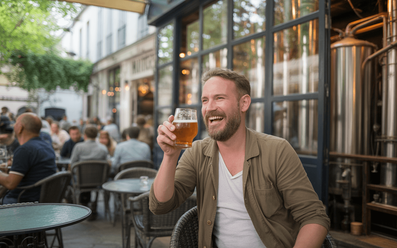 Homme souriant, verre de bière à la main, assis en terrasse animée avec d'autres personnes en arrière-plan.