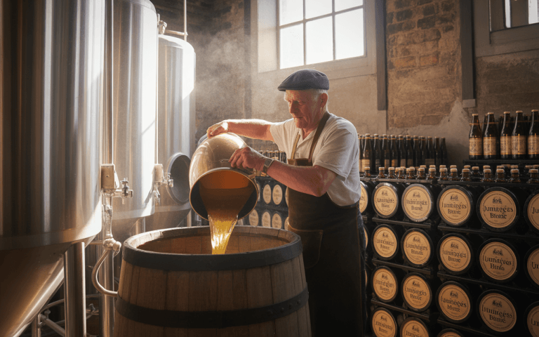 Un homme verse de la bière dans un fût en bois, entouré de cuves en métal et de bouteilles étiquetées.