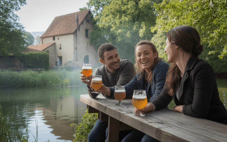 Trois amis trinquent avec des verres de bière au bord d'un lac, entourés de verdure et d'une maison rustique.