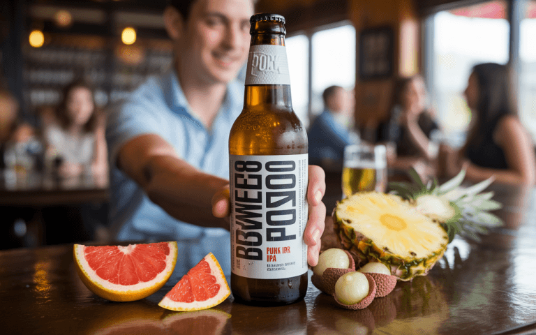 Un homme souriant tient une bouteille de bière IPA, entourée de fruits frais sur une table dans un bar animé.