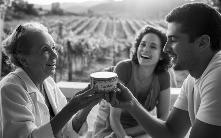 Trois personnes échangent joyeusement un pot étiqueté "Cachou", avec des vignes en arrière-plan, dans une ambiance conviviale.
