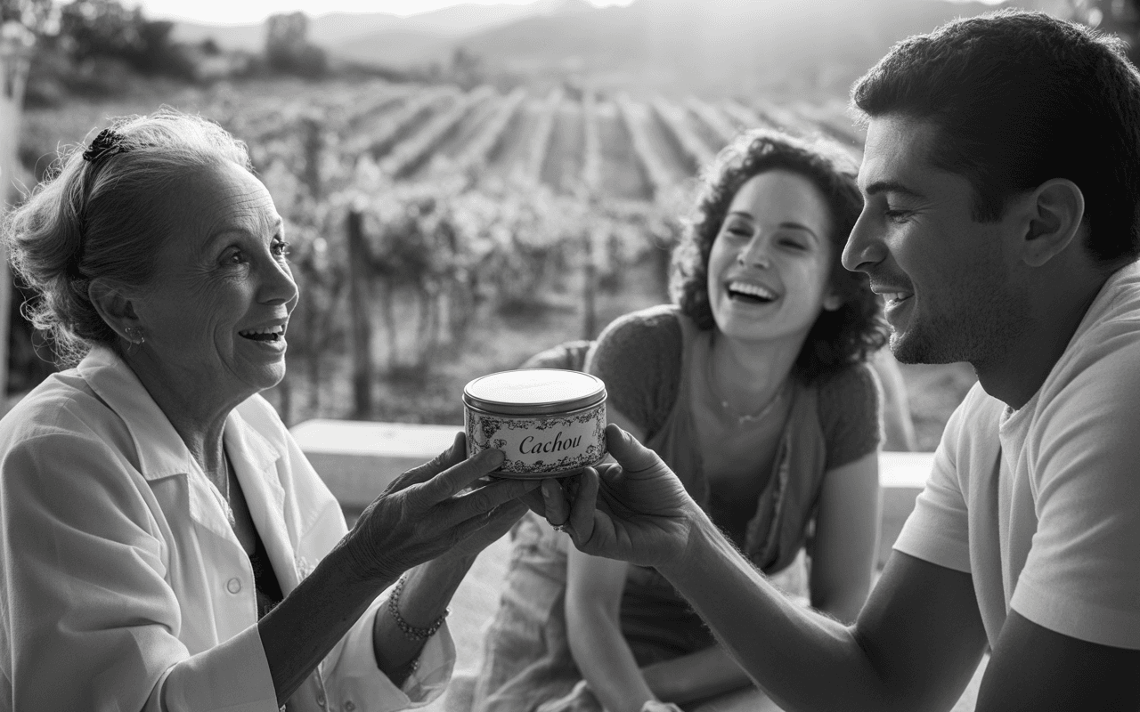 Trois personnes échangent joyeusement un pot étiqueté "Cachou", avec des vignes en arrière-plan, dans une ambiance conviviale.