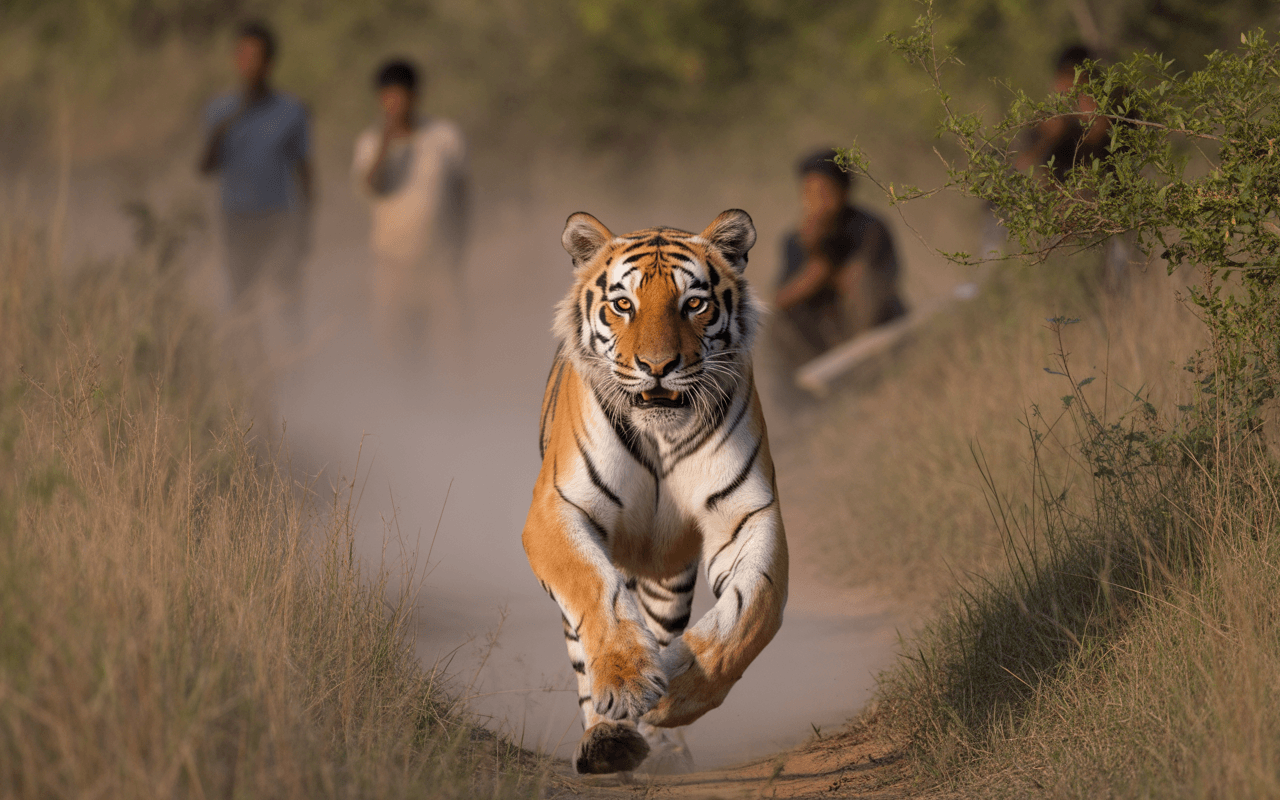 Un tigre courant sur un chemin poussiéreux, avec des silhouettes floues d'hommes en arrière-plan et de la végétation environnante.