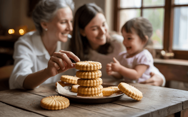 Trois générations de femmes partagent un moment joyeux autour d'une assiette de biscuits sur une table en bois.