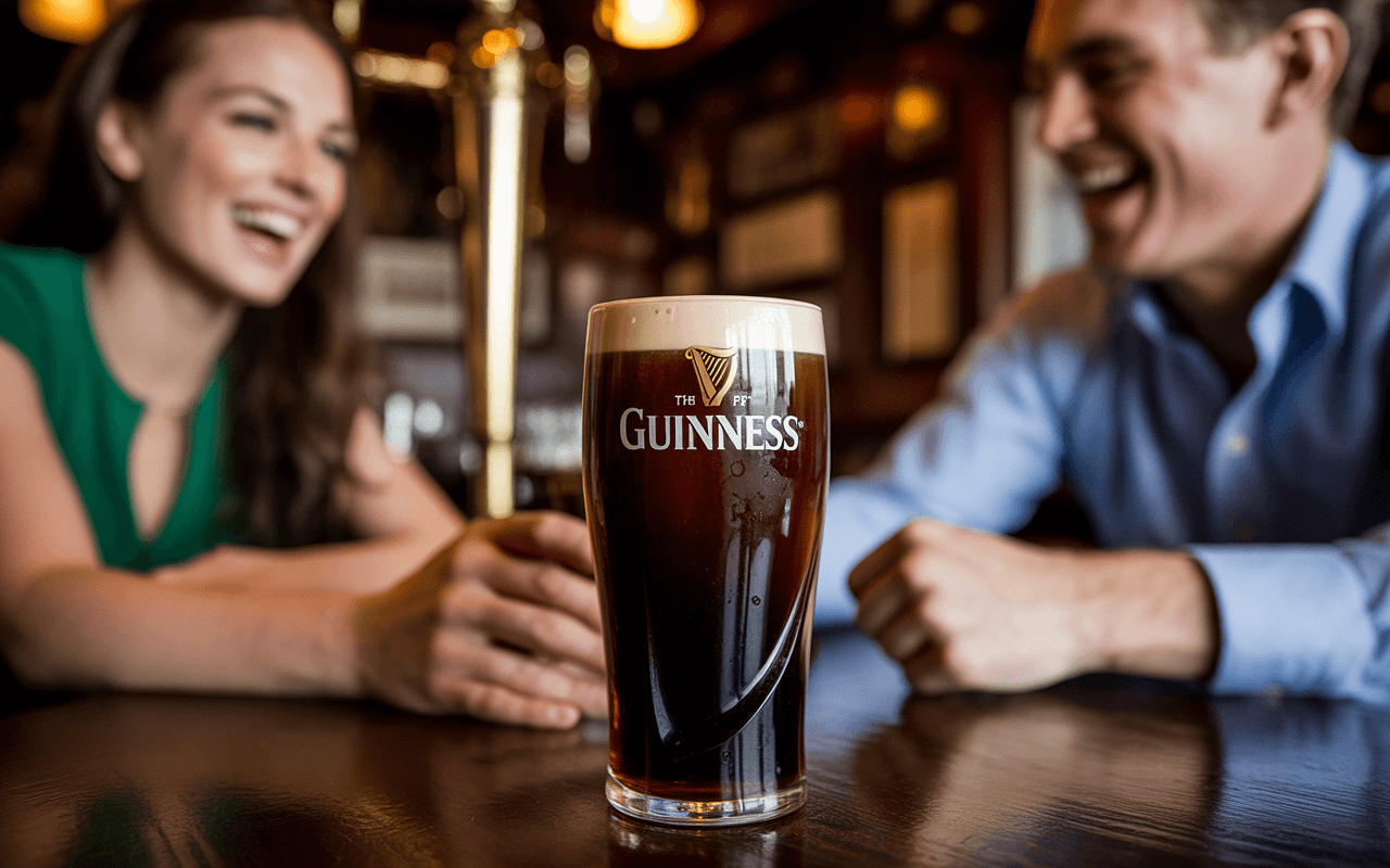 Un verre de Guinness au premier plan, avec deux personnes souriantes en arrière-plan, profitant d'un moment convivial dans un pub.