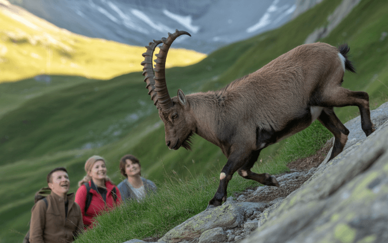 Un ibex majestueux marche sur un sentier en montagne, observé avec émerveillement par trois randonneurs souriants.