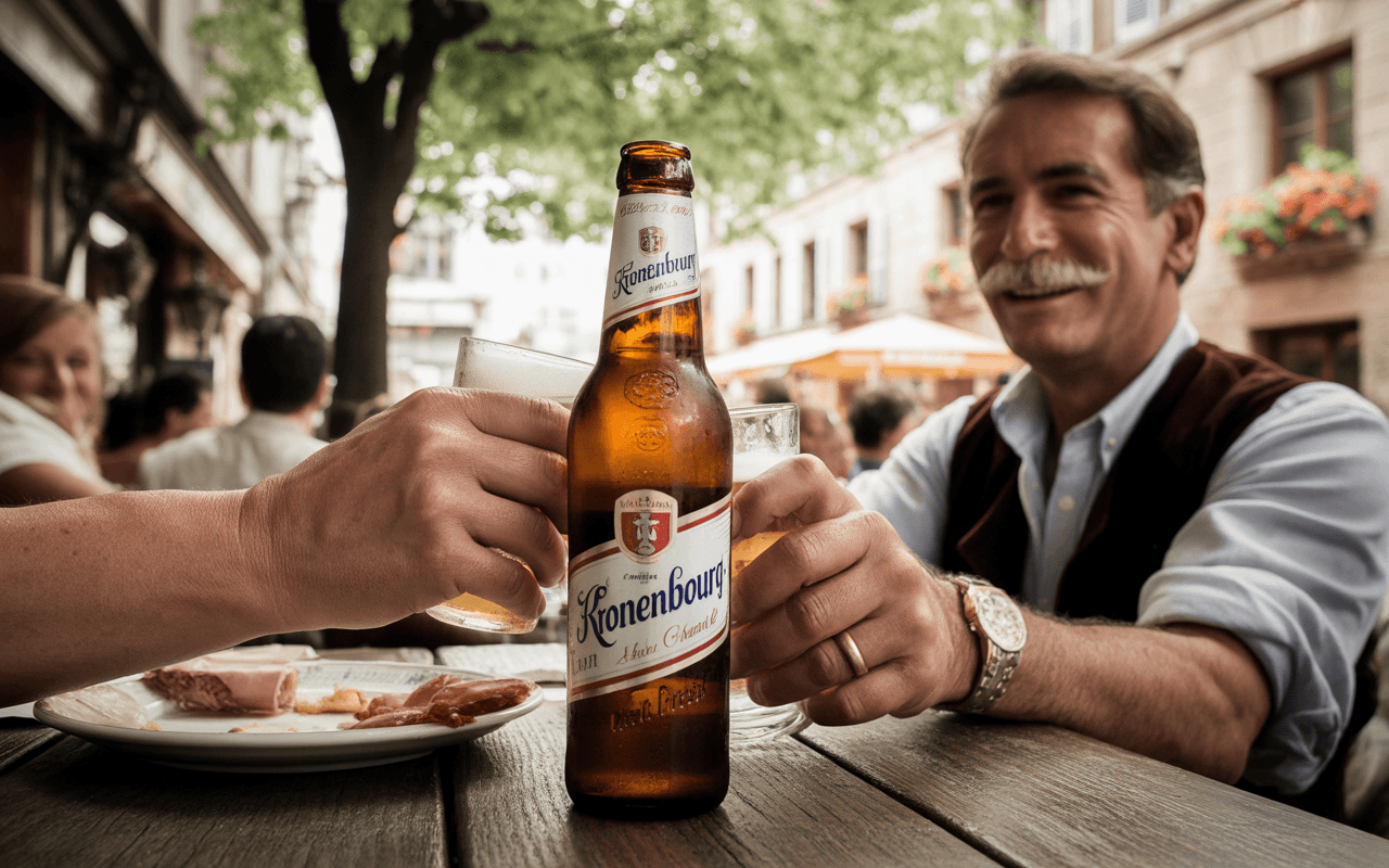 Deux personnes trinquons avec des verres de bière, une bouteille de Kronenbourg au centre, sur une table en bois. Fin d'après-midi en terrasse.