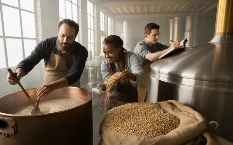 Trois personnes dans une brasserie, en train de mélanger des ingrédients, mesurer et préparer de la bière dans une ambiance industrieuse.