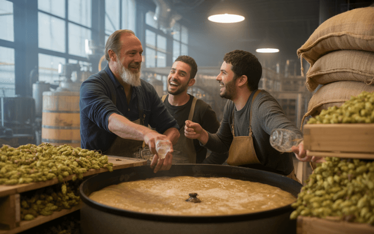 Trois hommes rient et se réjouissent autour d'une grande cuve de fermentation, avec des sacs de houblon en arrière-plan.