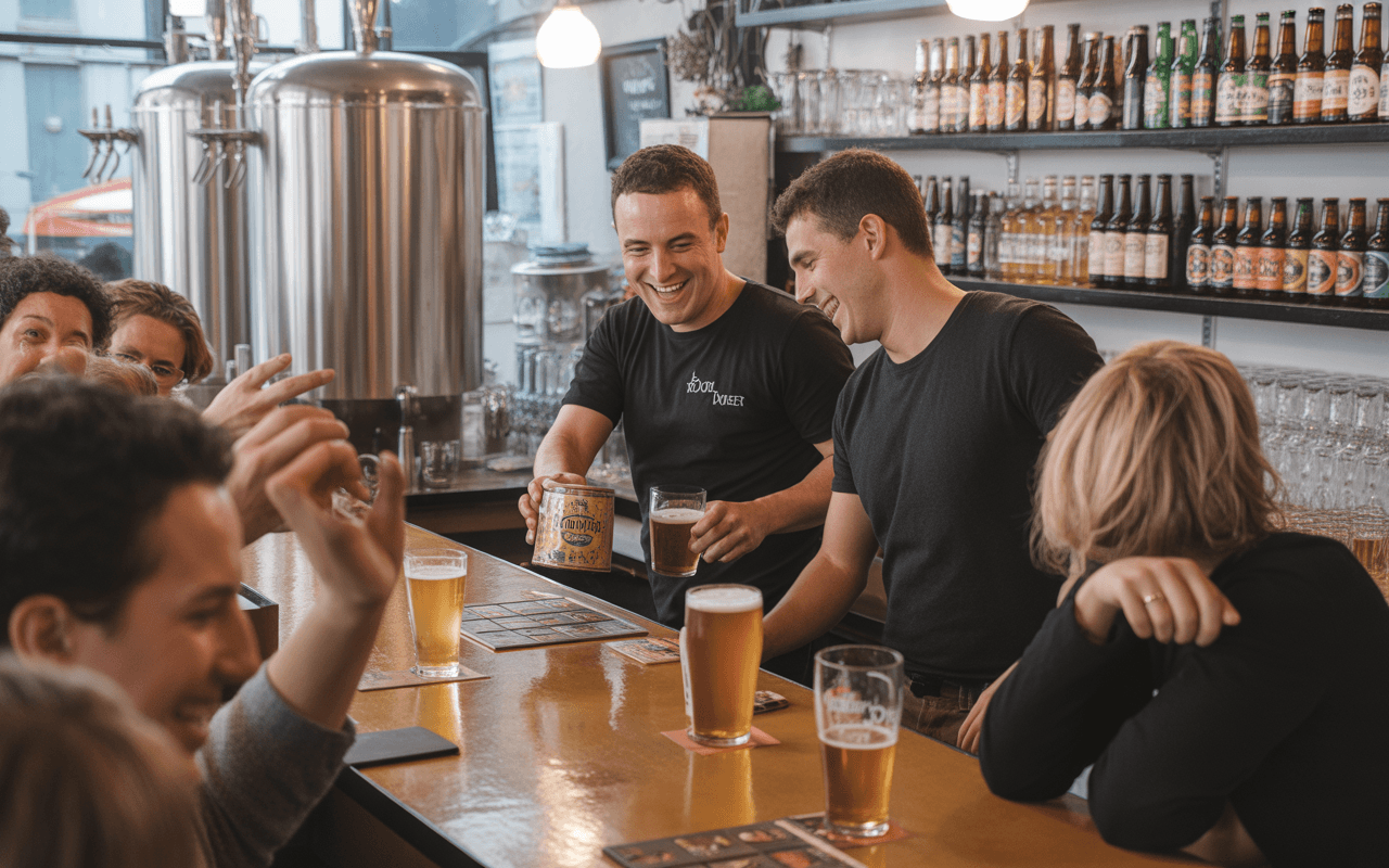 Deux serveurs souriants servent de la bière à des clients dans un bar, avec des fûts et des bouteilles en arrière-plan.
