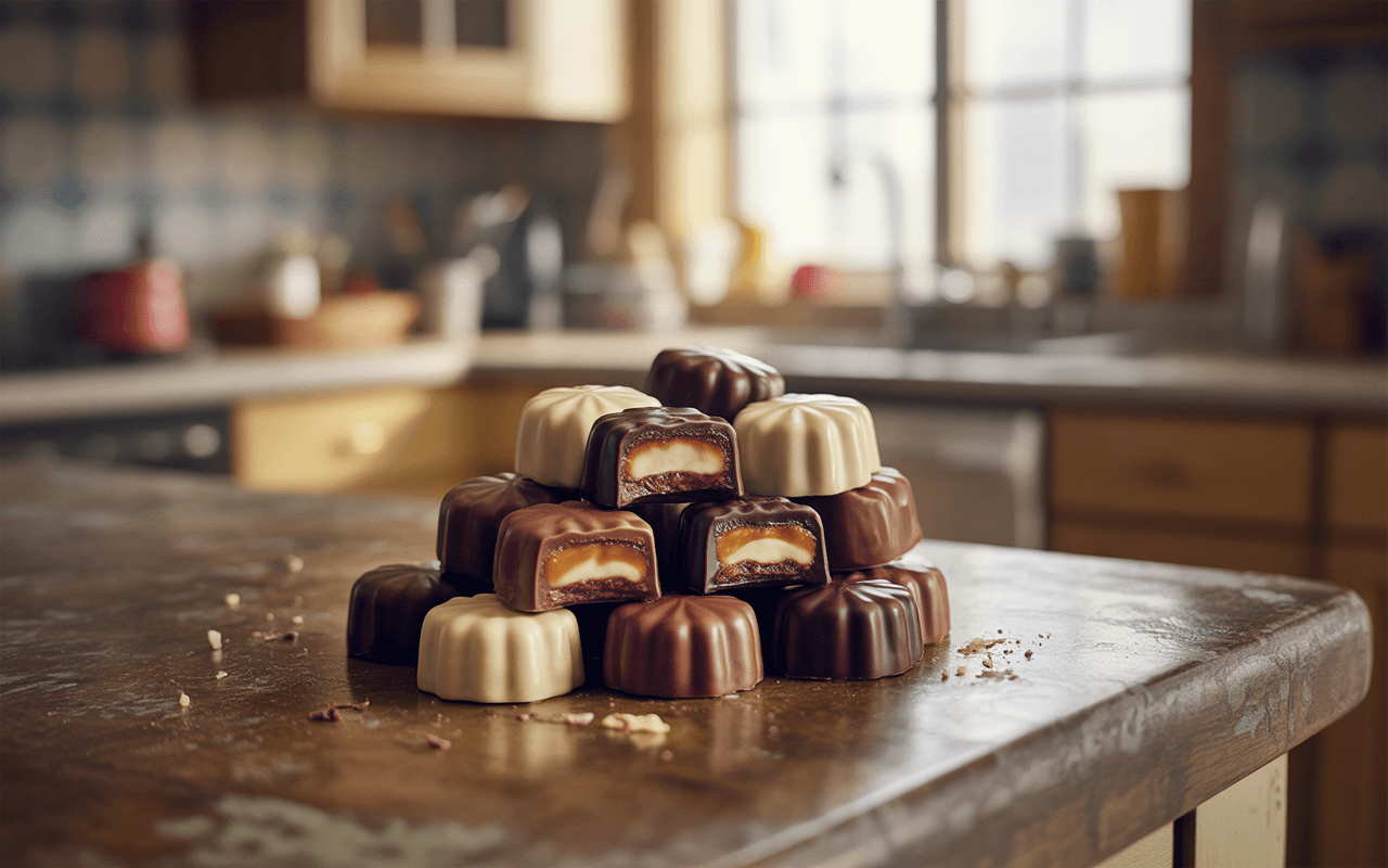 Pile de chocolats de différentes couleurs, avec des garnitures visibles, sur une table en bois dans une cuisine lumineuse.