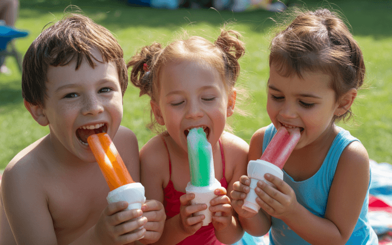 Trois enfants souriants dégustent des glaces colorées en plein air, sous le soleil, sur une pelouse verte.