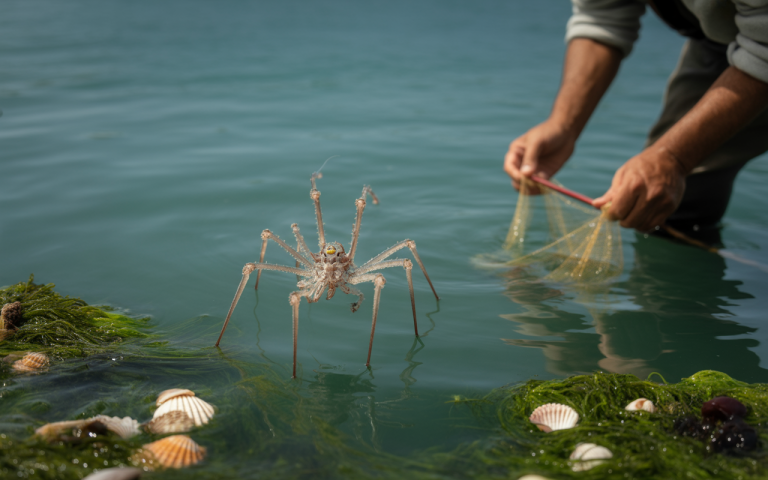 Un crabe se tient dans l'eau claire, tandis qu'une personne réalise une pêche avec un filet près d'algues et de coquillages.