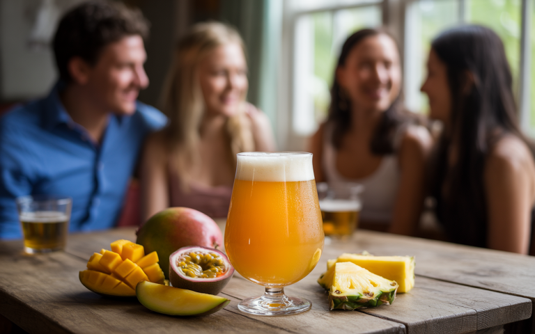 Un verre de bière en avant-plan, accompagné de fruits tropicaux, avec des amis flous en arrière-plan, profitant d'un moment convivial.
