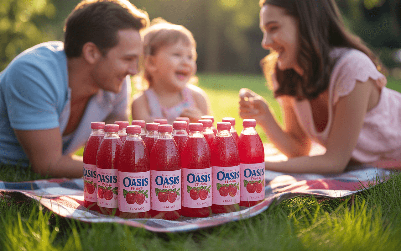 Une famille profite d'un moment ensemble sur l'herbe, avec des bouteilles de boisson Oasis à côté d'eux.