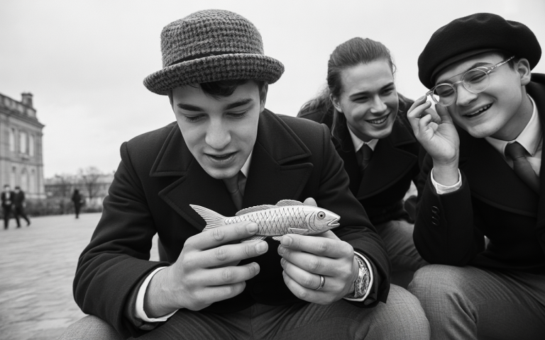 Trois jeunes en costumes sourient autour d'un poisson en bois, dans un décor urbain noir et blanc.