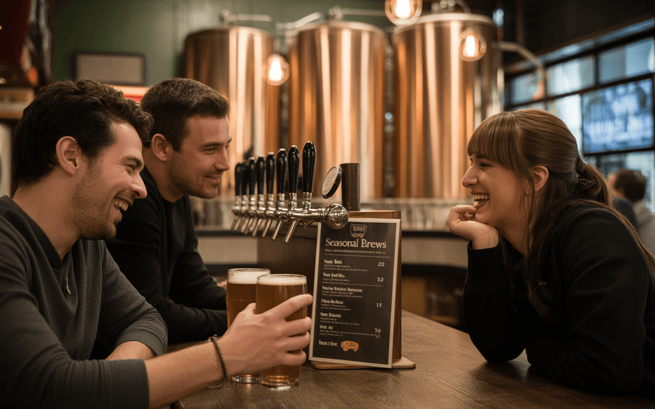 Trois amis rient et discutent autour d'une table dans une brasserie, avec des verres de bière et un menu à proximité.