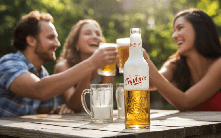 Bouteille de bière "Tequieros" au premier plan, trois amis rient et lèvent des verres en plein air.