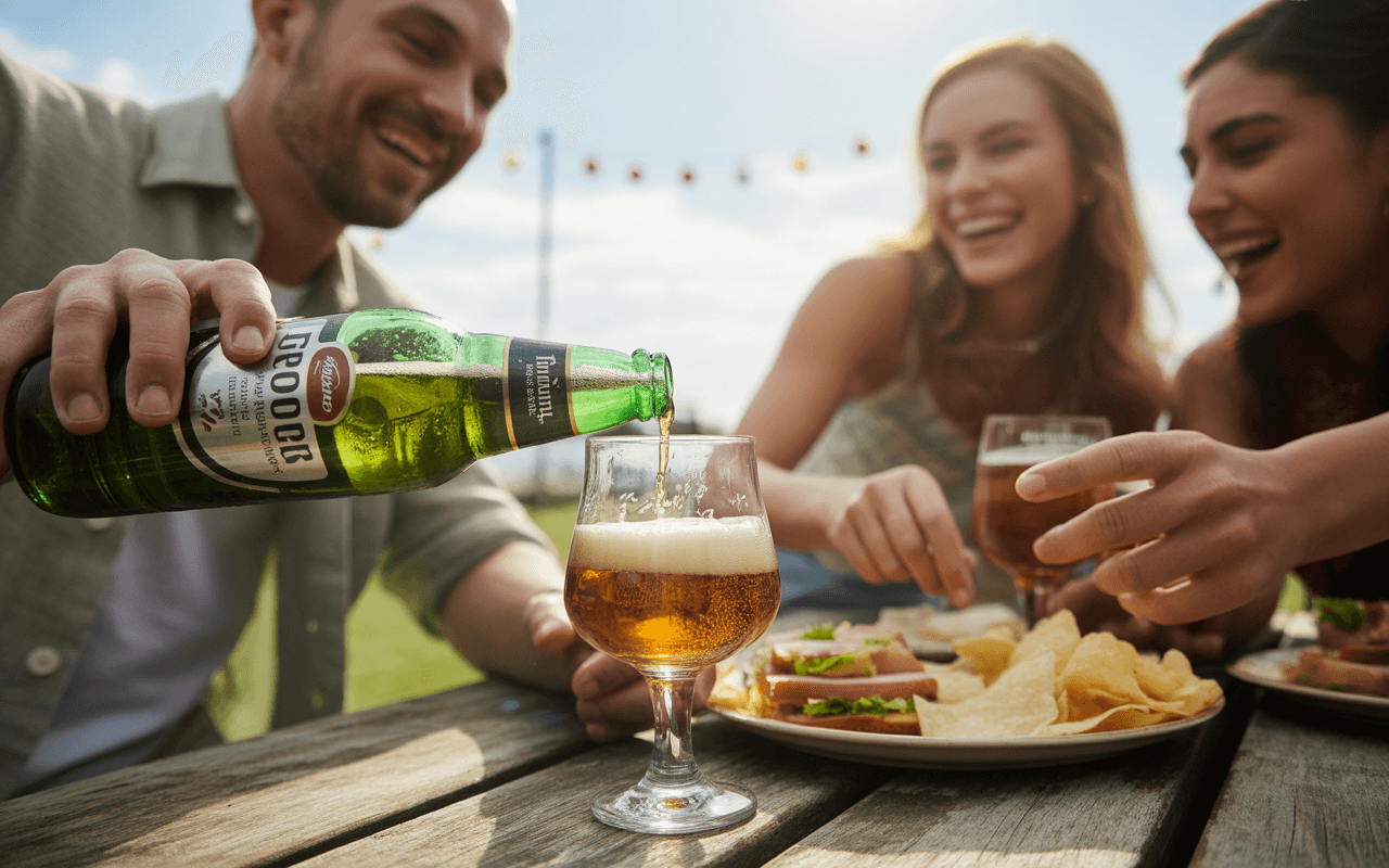 Un homme verse de la bière dans un verre, entouré d'amis rieurs et de plats de collations sur une table en bois.
