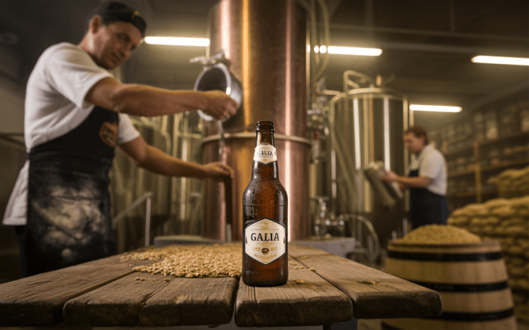Bouteille de bière Galia au premier plan, en arrière-plan, des brasseurs travaillent dans une brasserie, entourés de matériel de brassage.