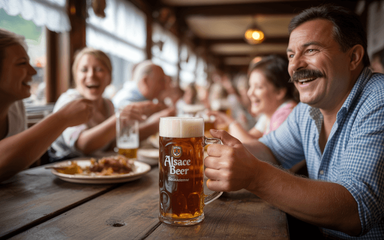 Groupe de personnes riant autour d'une table, tenant des verres de bière, avec une ambiance conviviale et chaleureuse.