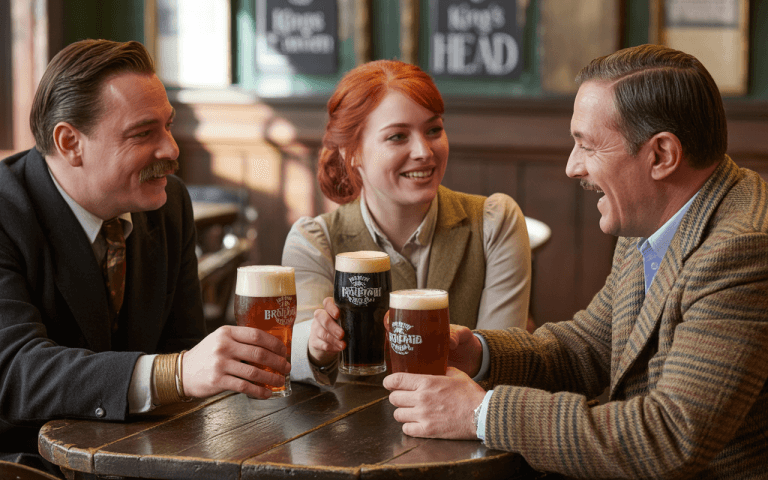Trois personnes souriantes, deux hommes et une femme, lèvent des pintes de bière dans un pub chaleureux. Bois et ambiance vintage.