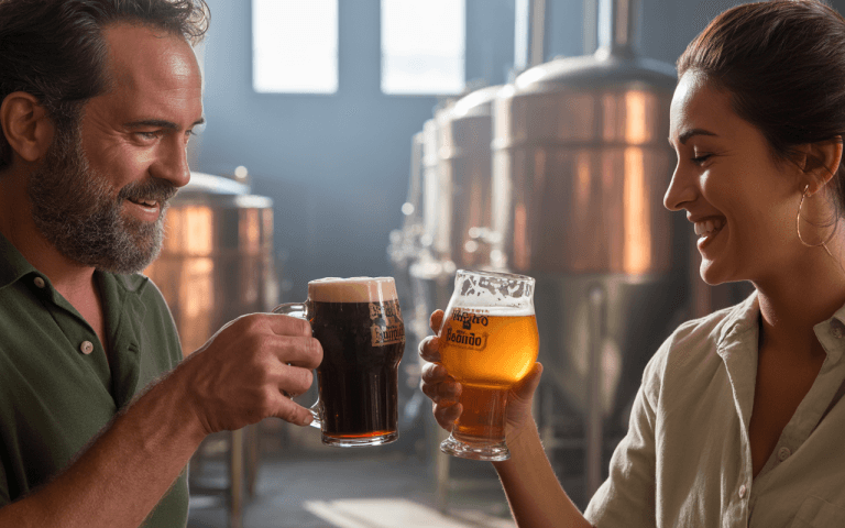 Un homme et une femme rient en levant des chopes de bière, dans une brasserie avec des cuves en arrière-plan.