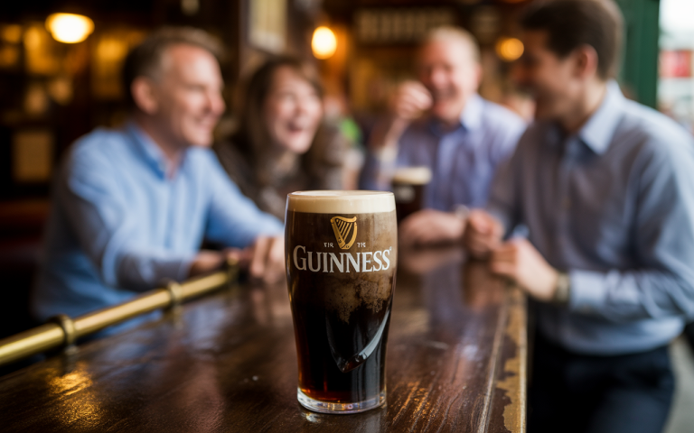 Un verre de bière Guinness au premier plan, avec des amis riant et discutant en arrière-plan dans un pub.