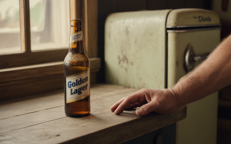 Bouteille de bière Golden Lager posée sur une table en bois, avec une main humaine en train d’y toucher, devant un frigo vintage.