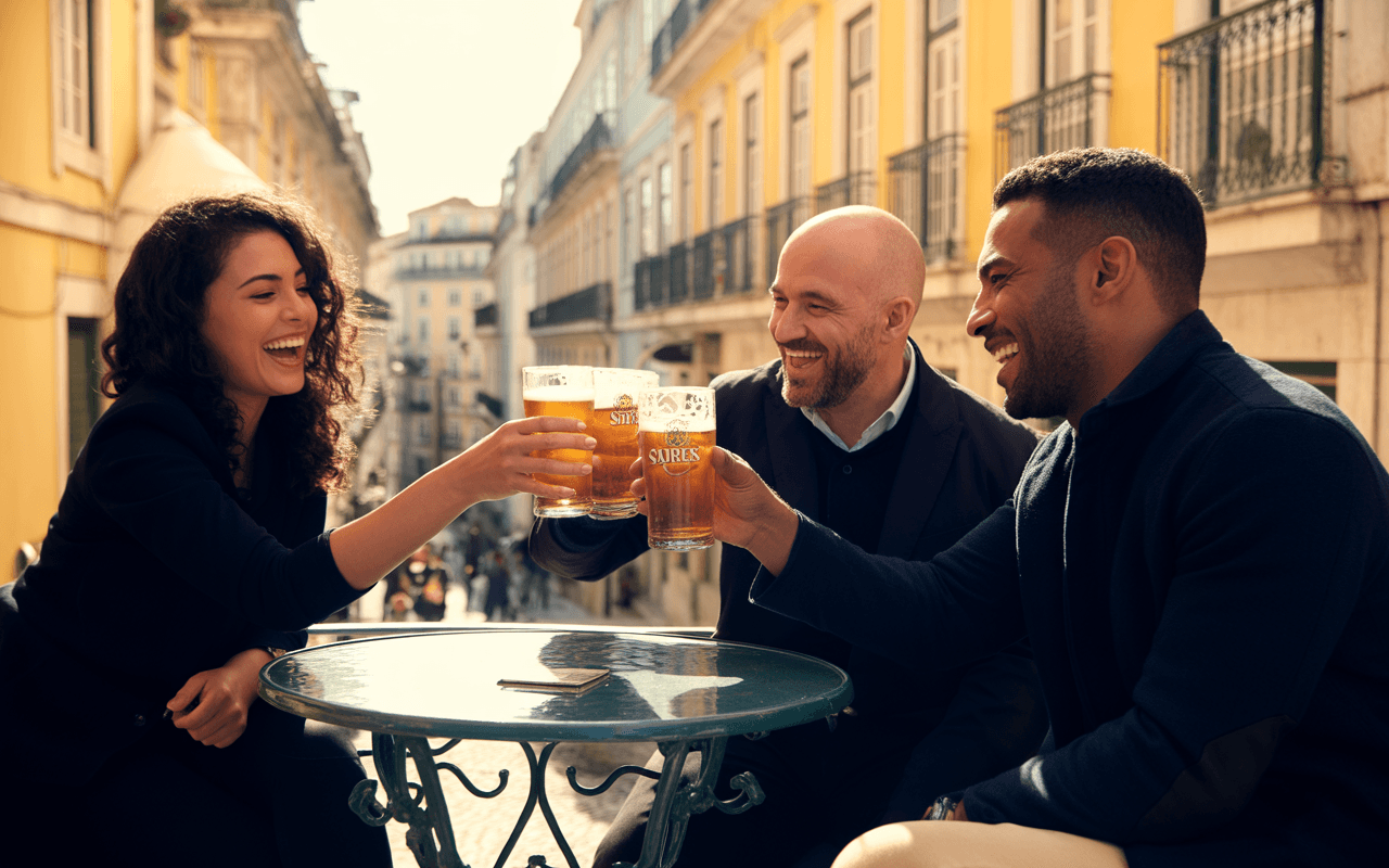 Un groupe de trois amis lève des verres de bière sur une terrasse ensoleillée dans une rue animée, sourires aux lèvres.