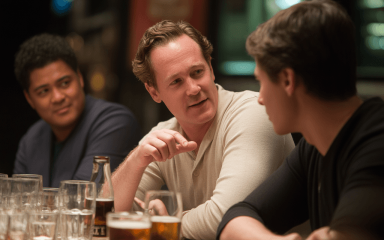 Trois hommes discutent autour d'une table, avec des verres de bière devant eux dans un cadre lumineux et convivial.