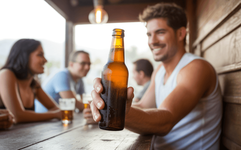 Un homme souriant tient une bouteille de bière dans un bar, tandis que des amis discutent en arrière-plan.