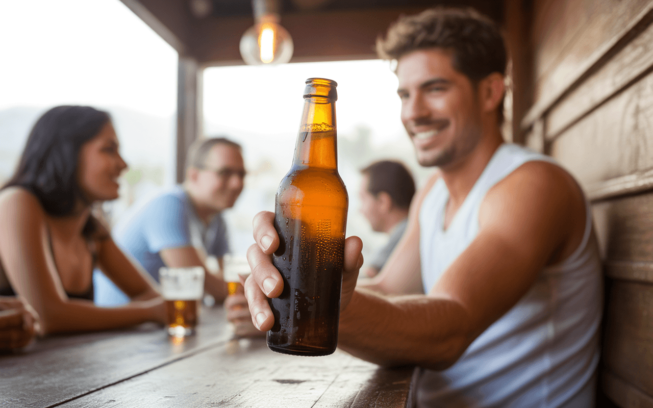 Un homme souriant tient une bouteille de bière dans un bar, tandis que des amis discutent en arrière-plan.