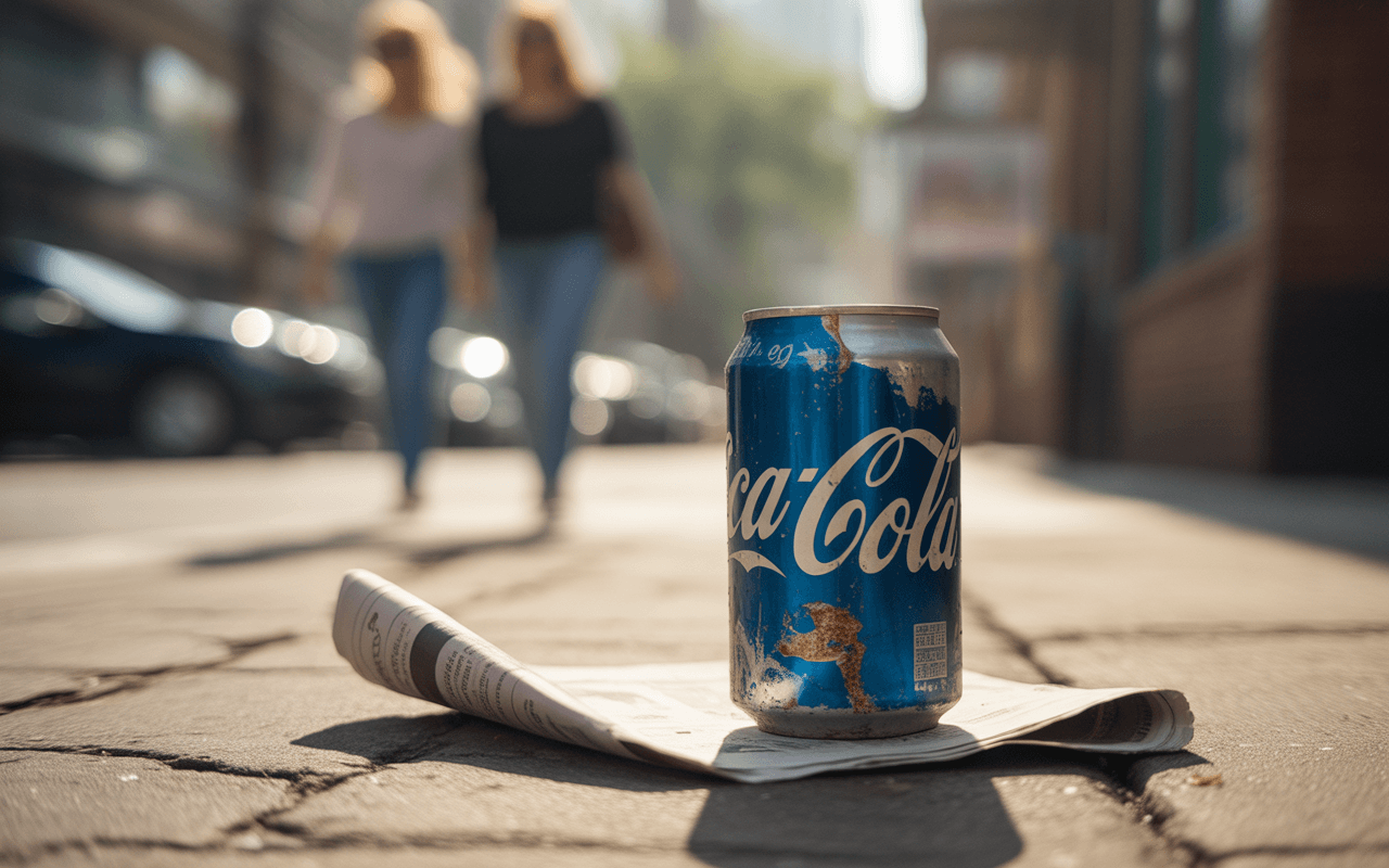 Une canette de Coca-Cola rouillée repose sur un journal, avec des silhouettes floues de personnes marchant en arrière-plan.