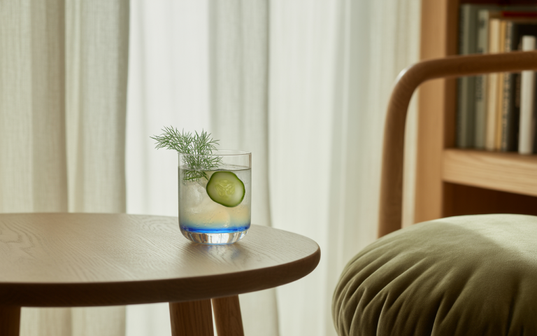 Un verre de boisson avec une rondelle de concombre et des herbes, posé sur une table en bois, près d'un fauteuil.