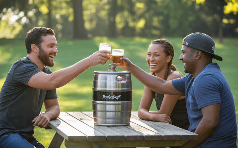 Trois amis rient et trinquent avec des verres de bière autour d'un fût, assis à une table en bois dans un parc.