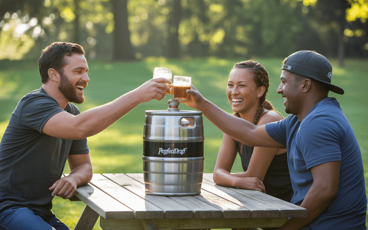 Trois amis rient et trinquent avec des verres de bière autour d'un fût, assis à une table en bois dans un parc.