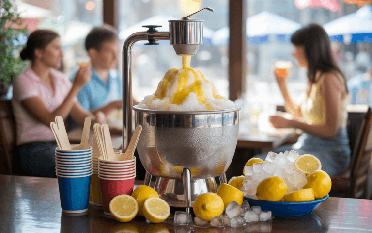 Machine à glace pilée avec un cône de citron et des citrons frais, cups colorés en arrière-plan, personnes partageant un moment convivial.