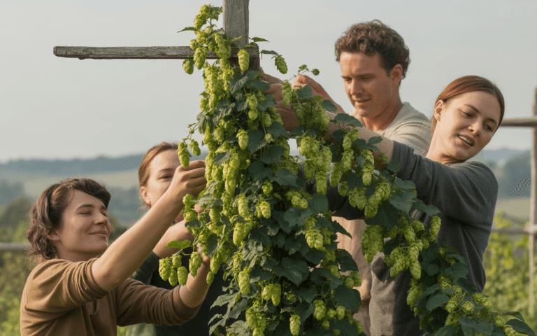Quatre personnes récoltent des pommes de pin de houblon sur une treille, avec des paysages verdoyants en arrière-plan.