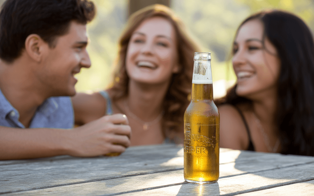 Trois amis souriants autour d'une table en bois, avec une bouteille de bière au premier plan. Ambiance détendue et joyeuse.
