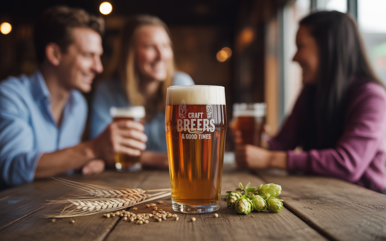 Groupe d'amis dans un bar avec des bières artisanales, houblon et grains sur une table en bois. Ambiance conviviale.