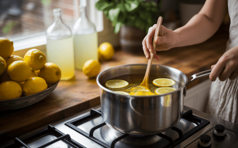 Une main remue une casserole avec des tranches de citron dans une cuisine, avec des citrons frais en arrière-plan.