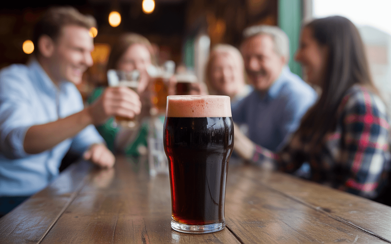 Un verre de bière foncée avec mousse, au premier plan, tandis que des amis lèvent leurs verres en arrière-plan dans un bar.