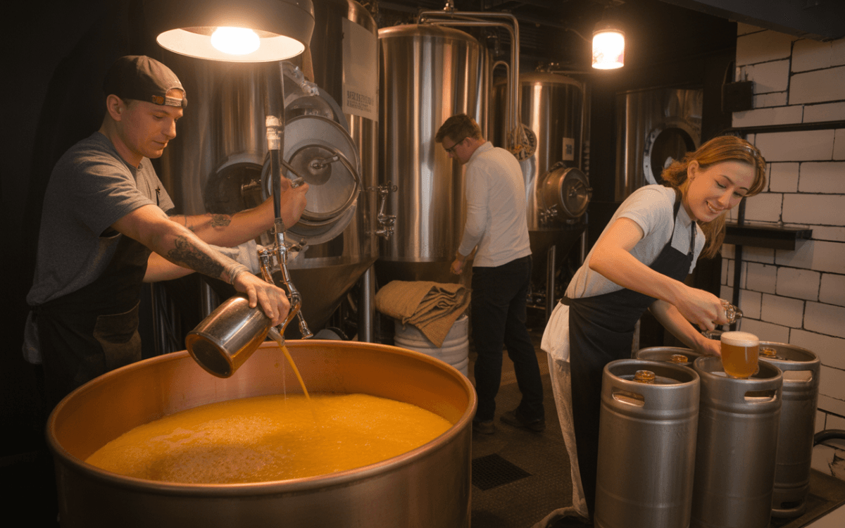 Trois personnes travaillent dans une brasserie, versant de la bière et remplissant des fûts, sous un éclairage chaleureux.