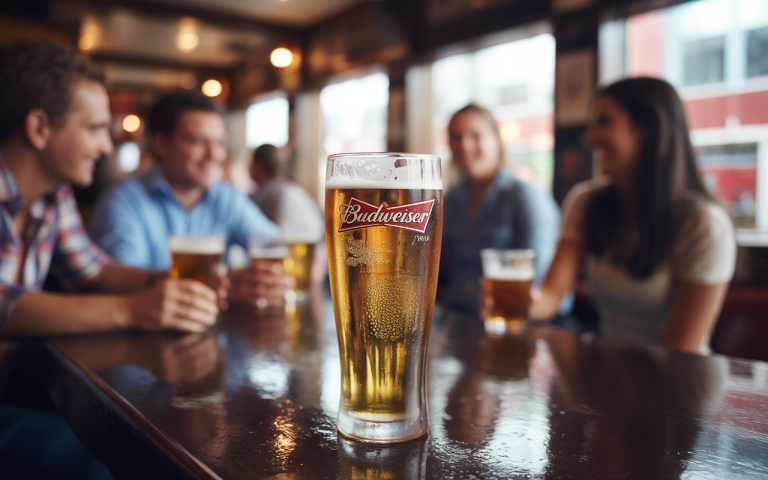 Un verre de bière Budweiser au premier plan, avec des amis discutant en arrière-plan dans un bar animé.