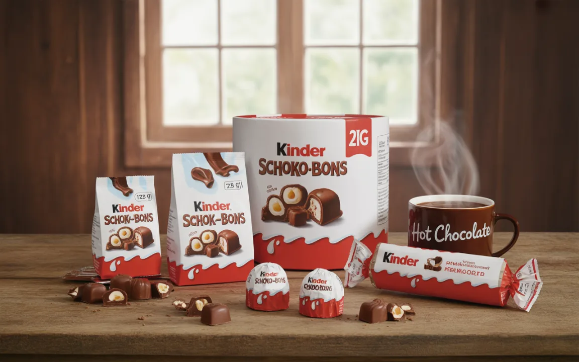 Produits Kinder Schoko-Bons variés, en paquet et en vrac, posés sur une table en bois avec une tasse de chocolat chaud fumant.