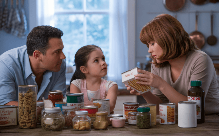 Une femme et un homme regardent une petite fille, qui observe une boîte de nourriture sur une table remplie de provisions.