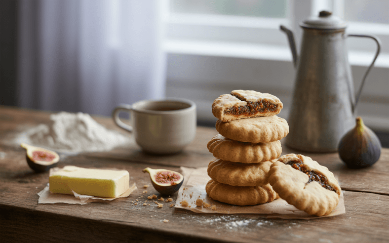 Empilement de biscuits fourrés, figues fendue, beurre, farine et tasse de café sur une table en bois. Ambiance chaleureuse et rustique.